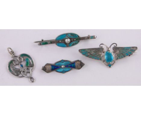 A Charles Horner silver and enamel Egyptian Scarab design brooch,length 45mm and 3 other silver and enamel pieces, (4).