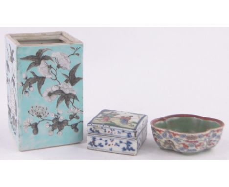 A Chinese square porcelain brush pot,painted enamel blue and white floral designs, height 12cm, a/f, a small oval porcelain b