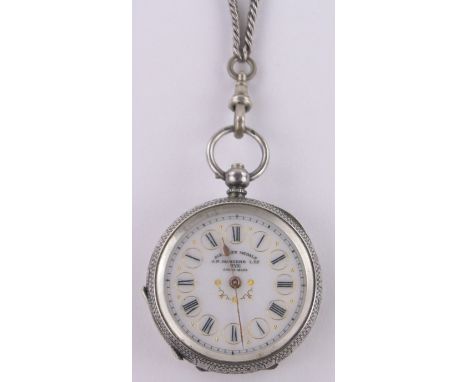 A Swiss engraved silver cased key wind fob watch,retailed by Masters Ltd., of Rye, with gilded enamel dial, case width 35mm o