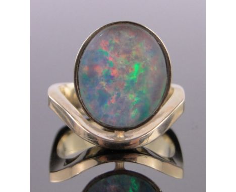 An Ole Lynggaard of Copenhagen 14ct gold and opal ring,setting height 18mm, size O.