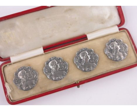 Set of 4 Edwardian Art Nouveau silver buttons,relief cast classical female portrait studies, Birmingham 1901, diameter 28mm, 