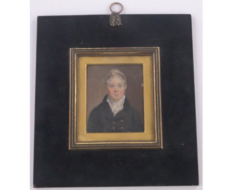 Georgian miniature watercolour on ivory,half length portrait of a gentleman, unsigned, 8cm x 7cm, original brass mounted ebon