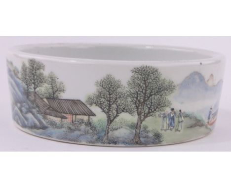 A Chinese porcelain brush washer pot,hand painted landscape scenes with painted seal mark, diameter 18.5cm, depth 6cm.