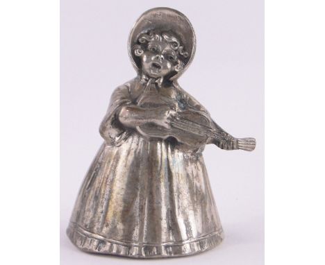 A continental silver novelty bell in the form of a girl playing a mandolin,continental marks under base, height 8cm.