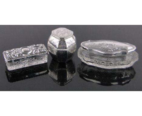 2 Cut-glass toilet jars with silver tops,and a small Oriental design plated caddy, height 5cm, (3).