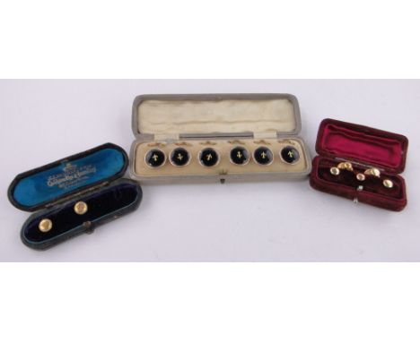 2 Cased sets of gold studs,and a cased set of gilt metal and enamel dress buttons, (3 cases).