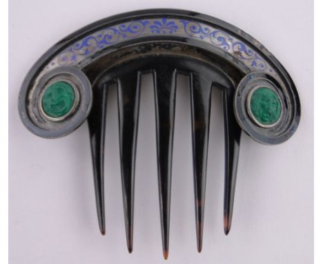 A 19th century French silver tortoiseshell and enamel hair comb,with inset relief carved malachite panels depicting comedy an