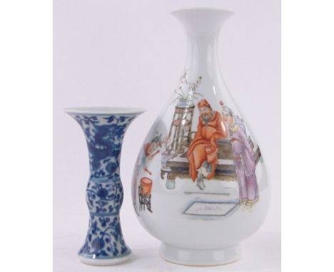 A Chinese porcelain narrow necked vase,painted court scene, painted seal mark under, height 23cm and a Chinese blue and white