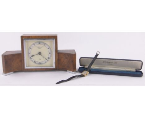 Art Deco walnut cased mantel clock by Goldsmith's & Silversmith's Co.,width 25cm and a lady's J W Benson wristwatch, (2).
