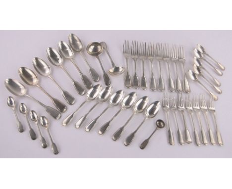 A part service of early Victorian silver fiddle and thread pattern flatware,including tablespoons, ladles, etc., makers marks