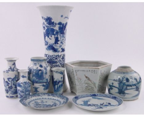 A group of Chinese porcelain,including a blue and white stick stand, height 47cm, a hand painted hexagonal planter, etc., mos