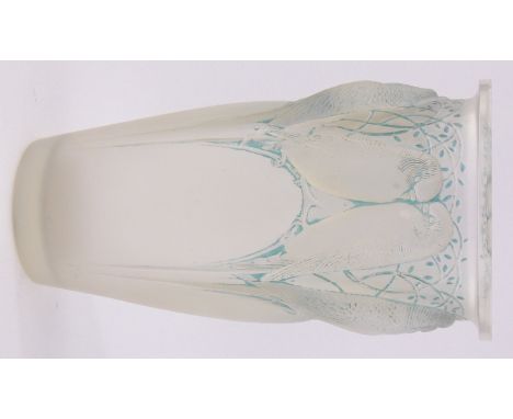 A Rene Lalique Perruches blue stained opalescent glass vase,relief embossed bird designs, etched signature R Lalique, France,