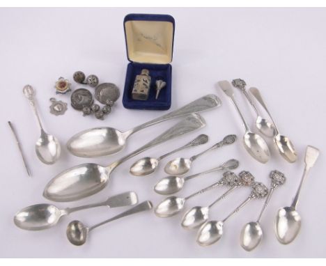 Quantity of silver and plated items,including various silver flatware, badges, etc.