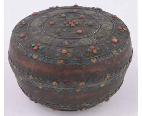 A 19th century Chinese turned wood silver enamel and stone set circular box,the lid decorated with enamelled bats and geometr