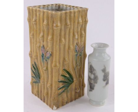 A Chinese porcelain cylindrical vase,painted figures and 6 character mark, height 16cm and a Chinese ceramic bamboo style vas