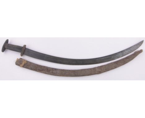 An Ethiopian curved sword,18th/19th century, the blade embossed geometric designs with a lion, rhino horn handle, blade lengt