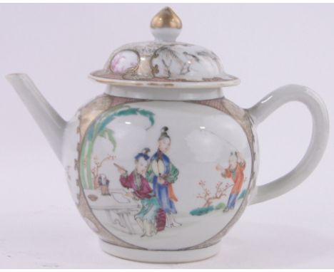 An 18th century Chinese porcelain teapot,hand painted panels depicting figures in gardens, height 14cm.