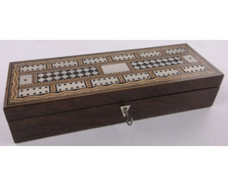 A Victorian rosewood and marquetry inlaid cribbage box,length 29cm.