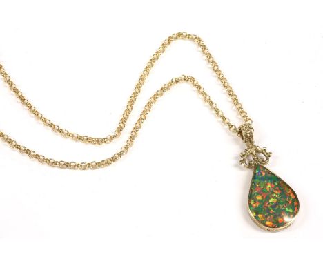 A 9ct gold opal triplet, mother of pearl reversible pendant, on a 9ct gold belcher link necklace, 11.38g