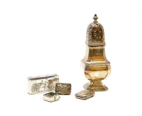 A silver sugar castor with pierced decoration, together with a silver vesta, two white metal pill boxes and one other with em