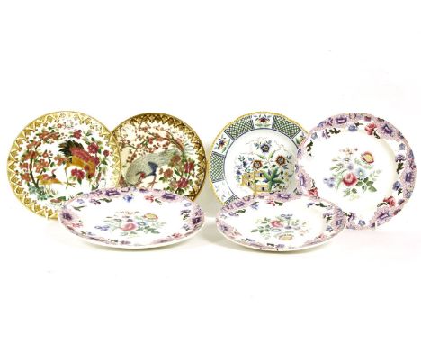 Two Zsolnay Pecs 'bird of paradise' plates, 21.5cm diameter, three Spode 'New Fayence' plates, and one further (6)