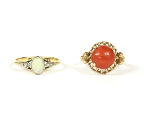 A gold single stone opal ring, with diamond set shoulders, marked 18ct and PLAT, 2.21g, and a Continental gold single stone c