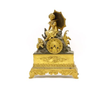 A 19th century French ormalu gilt mantle clock, surmounted by a seated girl holding an umbrella, the dial with black Roman nu