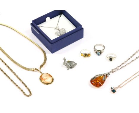 A collection of costume jewellery, to include a silver amber pendant on chain, a rolled gold hinge bangle, a Swarovski elemen