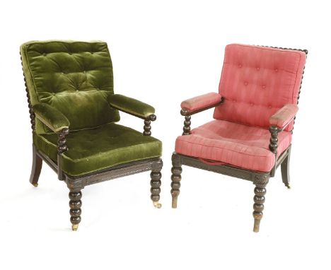 Two pairs of late Victorian elbow chairs, with bobbin turned frames and loose cushions (4)