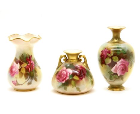 Three Royal Worcester vases, painted with roses, tallest 13cm