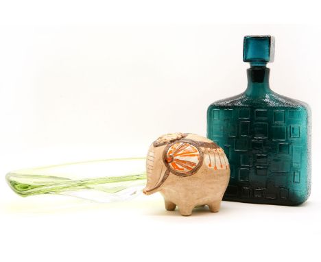An Italian blue glass decanter, a Val Saint Lambert Vert de Lithe glass dish, and a Bitossi ceramic money box, designed by Al