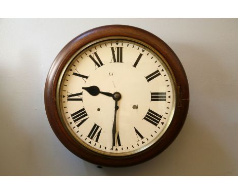A late 19th Century oak cased dial clock, the enamel dial with fusee movement and roman numerals, dial 30cm diameter