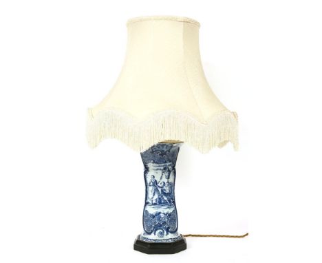 An antique blue and white Delft vase, converted to an electric table lamp, 65cm tall with shade