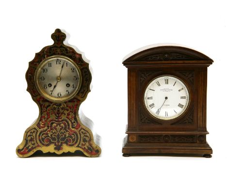 A 19th century French boulle mantel clock, the drum movement striking on a bell..27cm high, and a walnut cased mantel clock, 
