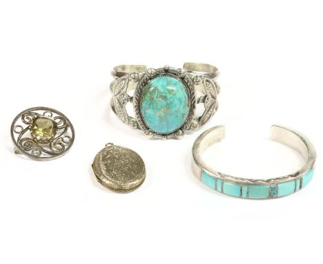 A Scottish silver citrine brooch, marked G.F., Glen Kelso Frame, a front and back locket, a native American turquoise bangle 