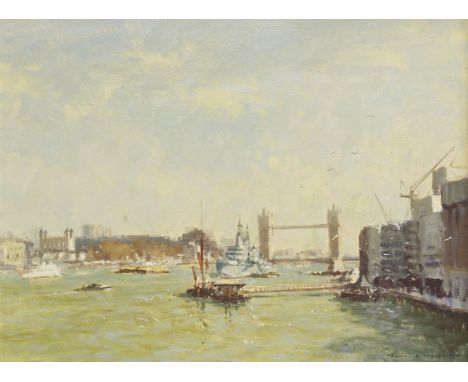 *James Longueville (b.1943)'SPRING LIGHT ABOVE TOWER BRIDGE'Signed l.r., oil on board44 x 59cm*Artist's Resale Right may appl