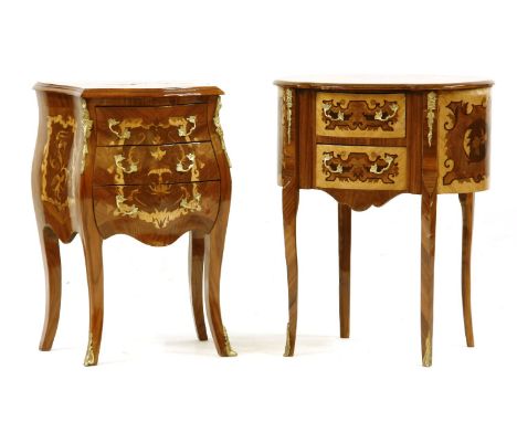 A small reproduction Italianate bombe commode chest, of three drawers, the top sides and front with ornate inlaid designs, 52