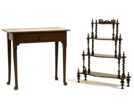 A small Queen Anne side table, with single freeze drawer on tapering legs and pad feet, together with a four tier Victorian w