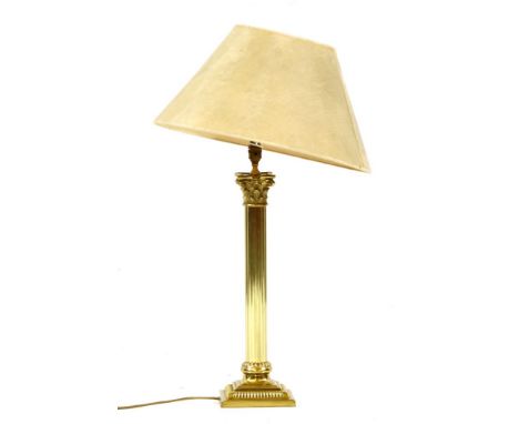 A modern brass corinthian column table lamp and shade, lamp 61cm high
