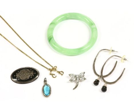 A collection of costume jewellery, together with a green glass bangle, an Yves Saint Laurent enamel butterfly brooch, a lucit