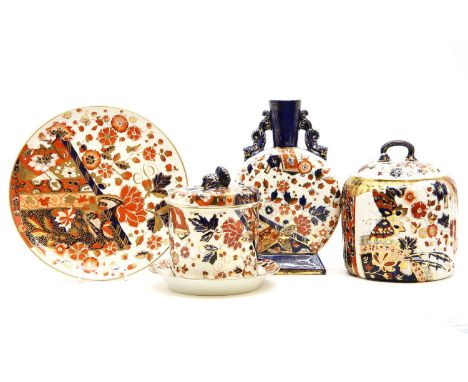 A Ridgeway Imari pattern tea and dessert set, comprising teapot, cups and saucers, tray, eight comports, plates etc (36)