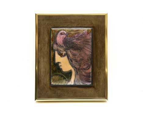 Peter Campbell (1931-1989)GIRL WITH A PINK BIRDSigned and dated 1985 versoenamel on copperimage 18 x 13cm