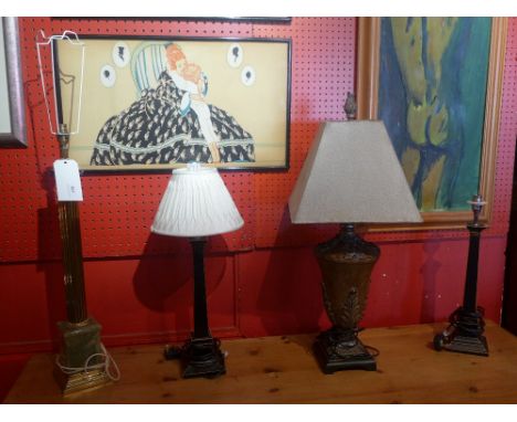  A brass and green marble Corinthium column form table lamp together with a pair of ebonised lamps and an urn shaped similar 