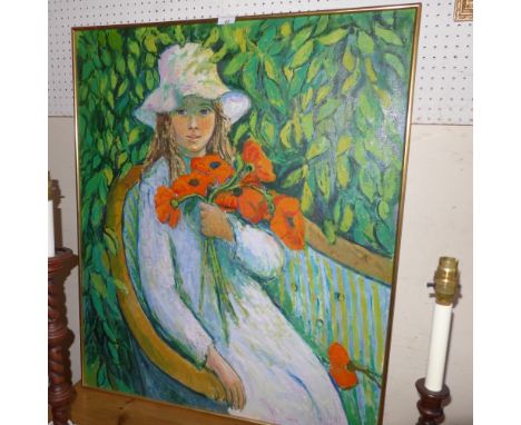 A John Ash oil on canvas portrait of a girl holding a bunch of poppies signed