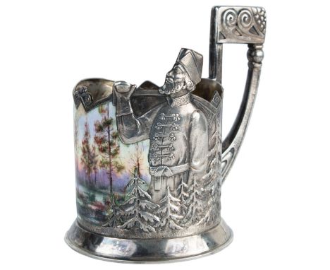 A RUSSIAN REPOUSSE SILVER AND EN PLEIN ENAMEL TEA GLASS HOLDER, 15TH ARTEL, MOSCOW, 1915-1917the silver body with a ornately 