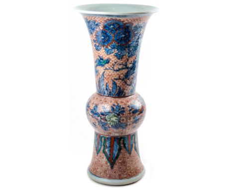 A CHINESE PORCELAIN VASE all over decorated with blue and red glaze depicting blooming chrysanthemums and a bird, height: 39.