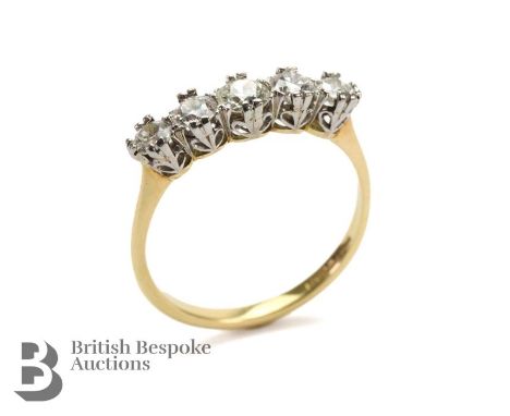 18ct yellow gold five stone diamond ring, The ring set with approx 76 pts of dias, size P+, approx 2.76 gms.&nbsp;