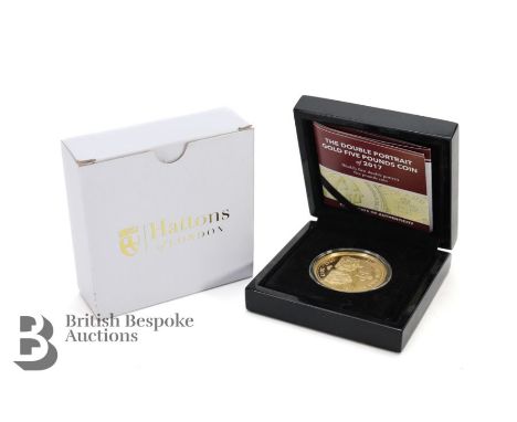 Hattons of London 2017 Queen Elizabeth II and Prince Philip double portrait 22ct £5 gold proof coin, 40 gms, complete with or