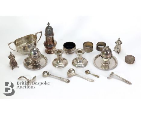 Collection of silver, including a silver twin-handled sugar bowl Birmingham hallmark dated 1916, mm rubbed 118.9 gms; a silve