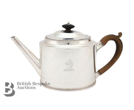 George III silver tea pot, London hallmark, dated 1784, mm Hester Bateman, having beaded decoration with fruit wood handle an